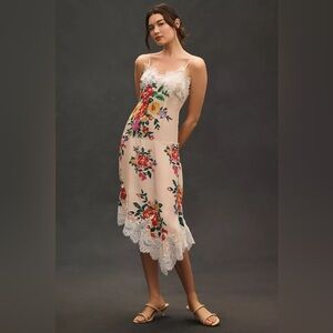 Anthropologie Floral and Lace Asymmetrical V-neck Slip Midi Dress NWT XSmall